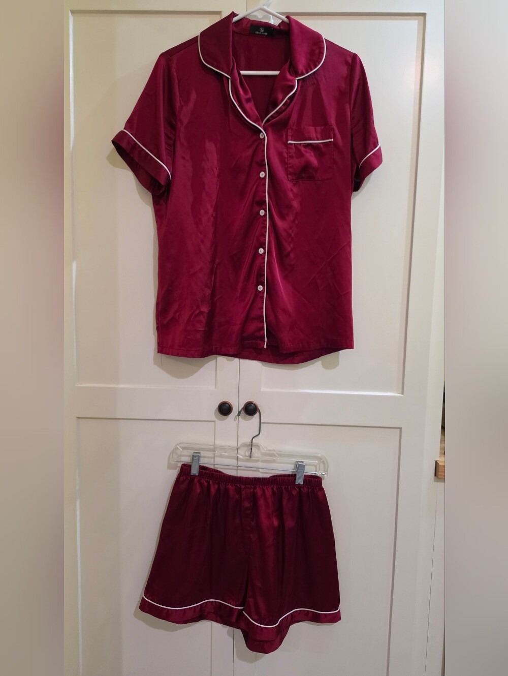 Silky Burgundy Short Sleeve Pajama Set with Contrast Piping